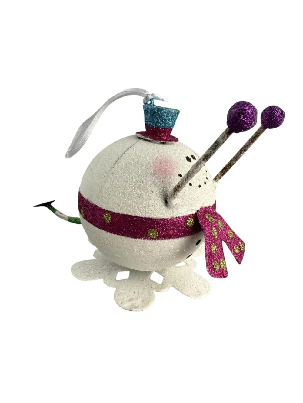 Pier 1 Snowball Snowman Ornament Top Hat Glitter Scarf Rolling Sliding